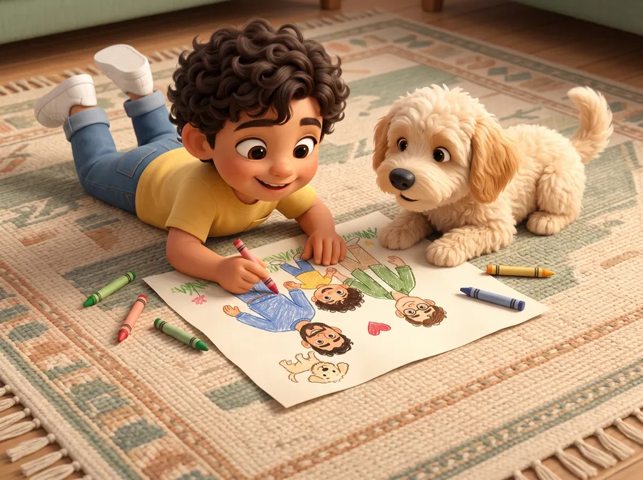 Mateo lies on the rug drawing his family with crayons while Churro watches.